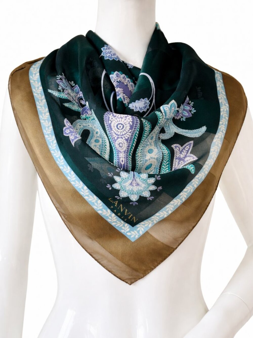 Lanvin Paris Vintage 100% Silk Paisley Scarf Green Blue Gold 34”
